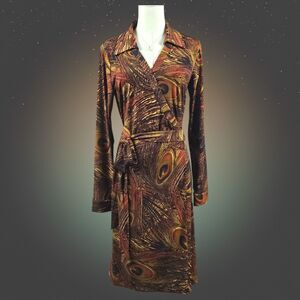Calvin Klein Boho Wrap Dress Peacock Feather Hippie Retro Glam Artsy Midi